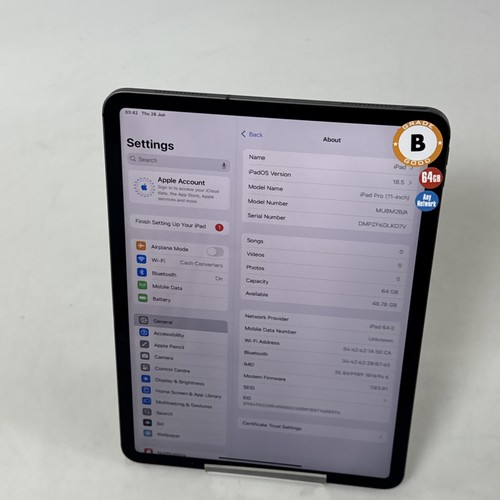 Apple iPad Pro 1st Gen 2018 A1934 11" Space Grey 64 GB Storage WiFi 4G Unlocked - Afbeelding 3 van 19