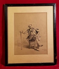 19th Century Etching Art Goddart Kuehl (1880-1915) Thinking Man In Chair Print