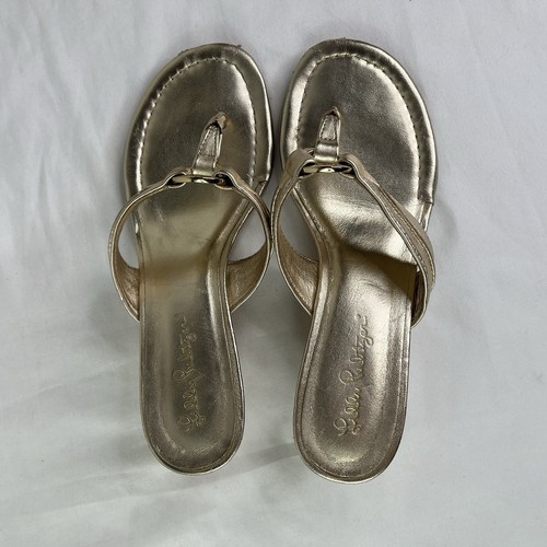 Lilly Pulitzer McKim Keilabsatz Zehenstegsandalen Gold Leder Gr. 7M Sommer, Strand - Bild 3 von 8