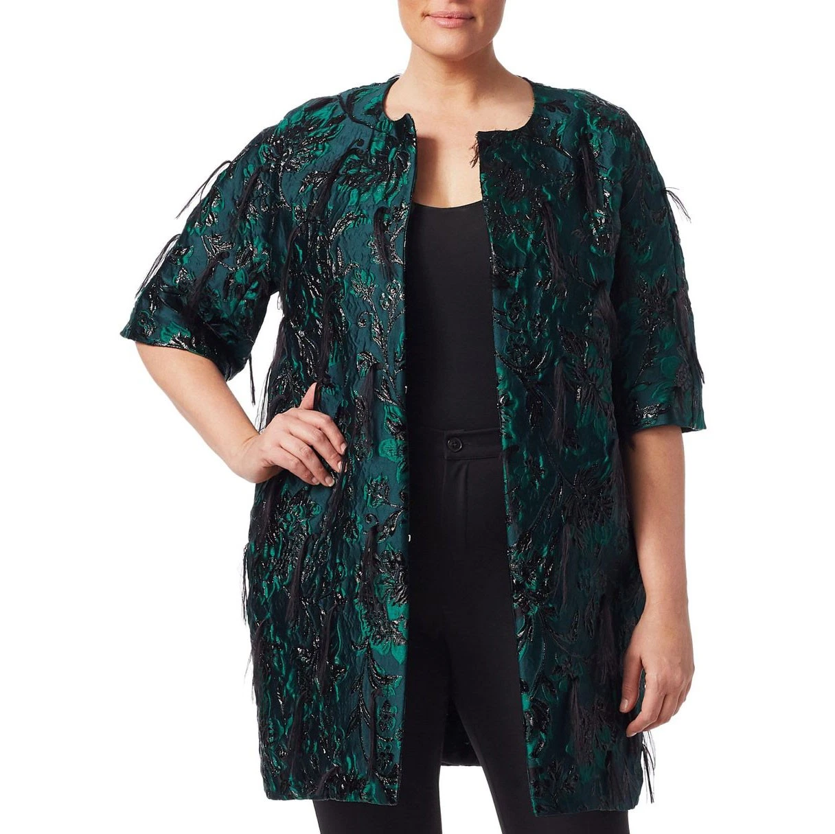 MARINA RINALDI Women's Green Nicosia Jacquard Coat 16W / 25 $1490 NWT