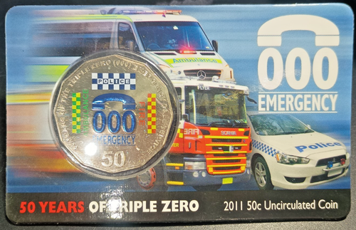 2011 UNC 50c Coloured Carded Coin - 000 Triple Zero 50 Years Emergency