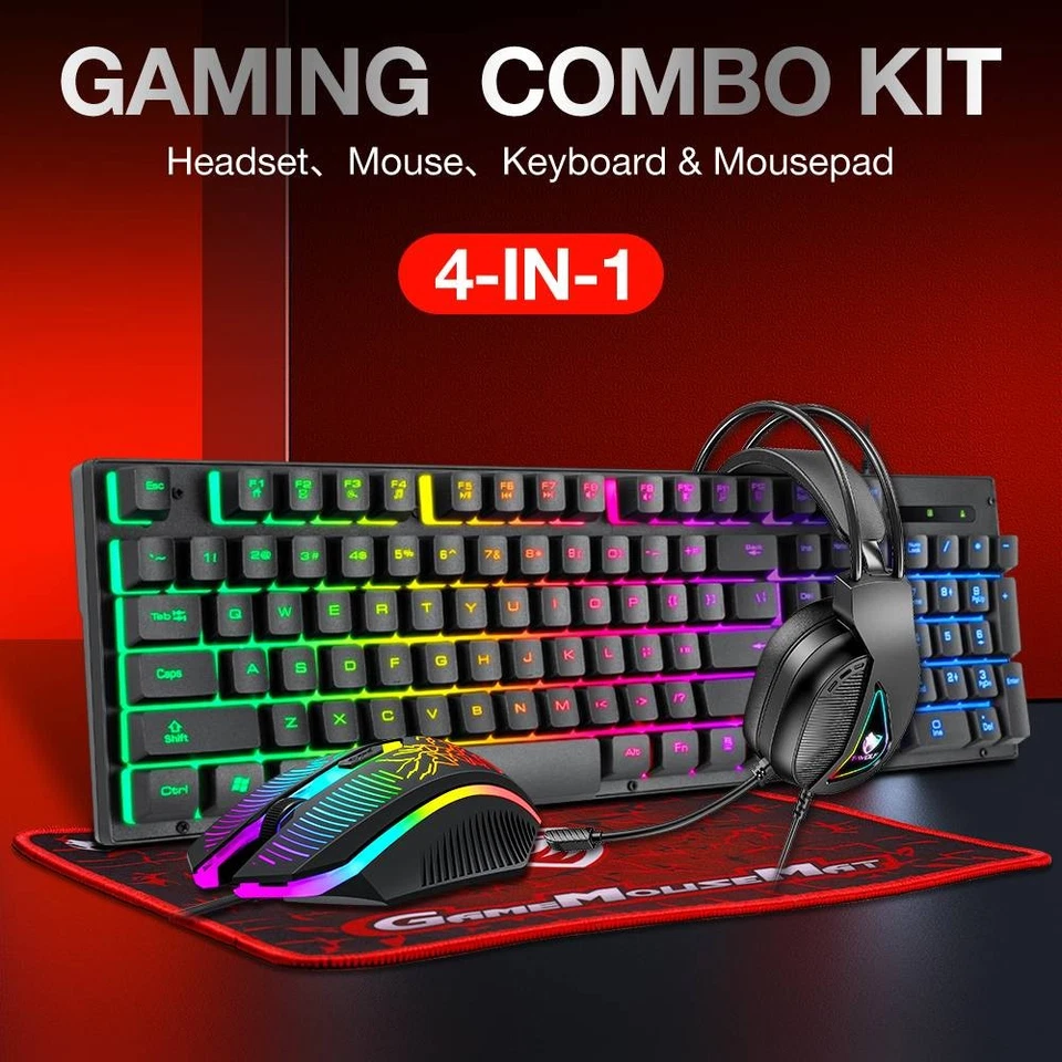 4 IN 1 PC Gaming Keyboard Mouse Gaming Headset Set RGB LED Backlit w/ Mouse Pad - Image 4 of 4