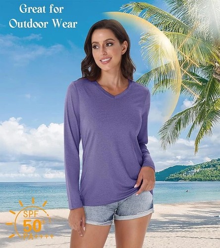 Women's Long Sleeve UPF 50+ Quick Dry Workout Tee V-Neck - Picture 9 of 56