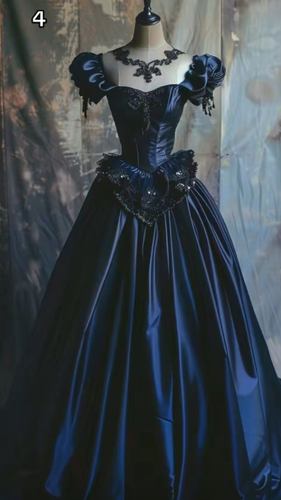 Gothic Halloween Prom Dresses Navy Blue Satin Evening Celebration Ball Gowns - Picture 9 of 10
