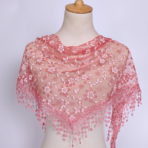 Women Lace Floral Print Triangle Veil Church Mantilla Scarf Shawl Wrap Tassel ( - Picture 31 of 71