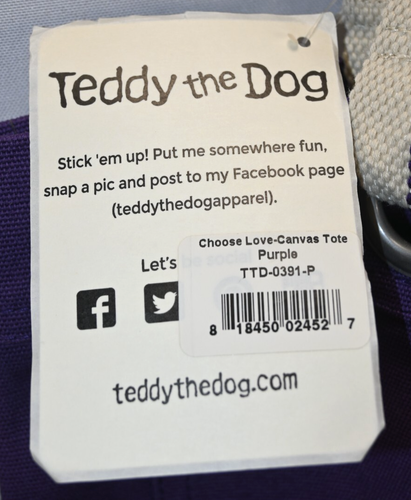 Teddy der Hund "Choose Love" lila Canvas Beuteltasche Tasche Neu mit Etikett Größe 12,5"X4"X15" - Bild 4 von 6