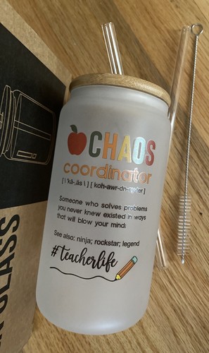 NEW Gifts for Teacher Glass Cup Tumbler With Straw Chaos Coordinator Can Glass - Bild 2 von 7