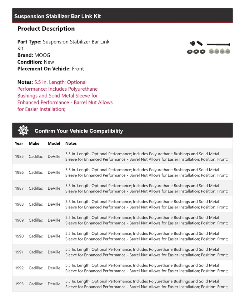 Kit de enlace de barra estabilizadora de suspensión delantera MOOG para Cadillac DeVille 1985-1993 Foto 2 de 4