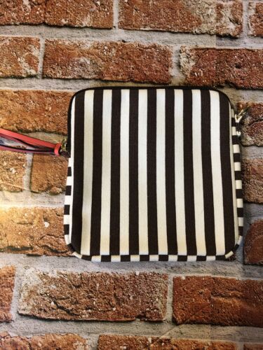 Henri Bendel Classic Natural Canvas & Brown Striped Cosmetic Pouch W/Coral Liner - Picture 4 of 6
