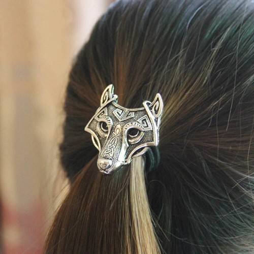 Antique Silver Tone Viking Wolf Elastic Hair Band Ponytail Holder For Women - Picture 4 of 5