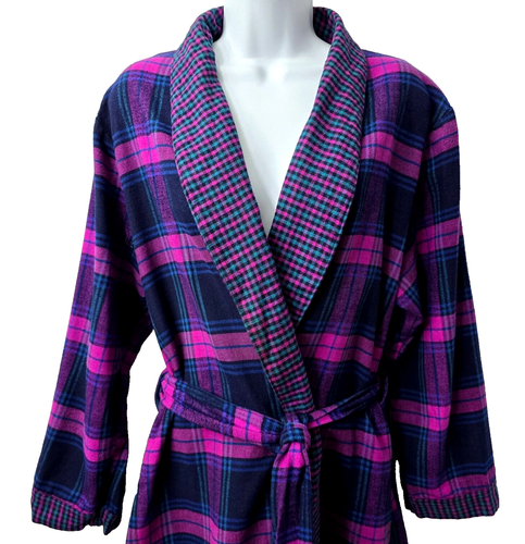 Honors Flannel Bath Robe M Bathrobe Belted POCKET Blue Plaid Vintage 80s Target - Picture 4 of 11