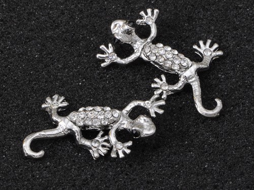 Silver Colored Sticky Climbing Gecko Lizard Crystal Rhines LJH Element Earrings - Picture 5 of 5