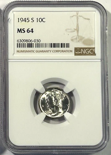 1945S Mercury Silver Dimes MS64 NGC, Beautiful Dime!