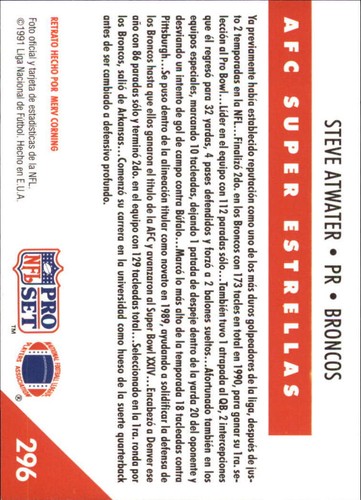 1991 Pro Set Spanish Denver Broncos Football Card #296 Steve Atwater SS - Picture 2 of 2