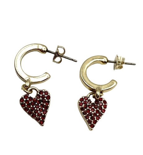 R Signed Gold-Tone Pavé Heart Red Crystal Rhinestone Earrings 1 1/8" Love Dangle - Picture 24 of 24
