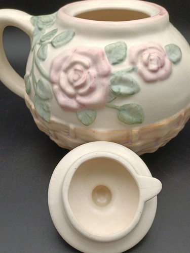Blushing Pink Roses Teapot Ceramic Embossed Basket Vintage Tea Country Decor Tea - Picture 5 of 12