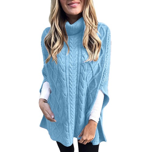 Damen Herbst Winter Rollkragen Poncho Pullover Grobstrick Cape Wickelpullover Oberteil - Bild 52 von 72
