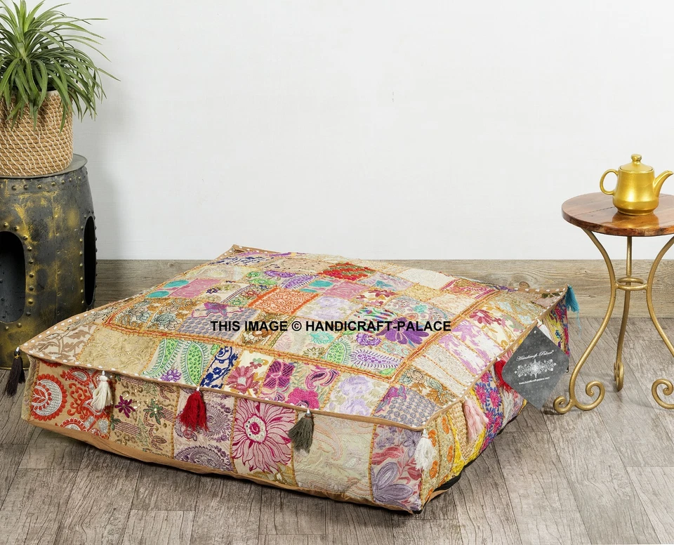 Puf otomano de piso grande de 35" con retazos funda de almohada cuadrada para mascotas perros cama Foto 2 de 4