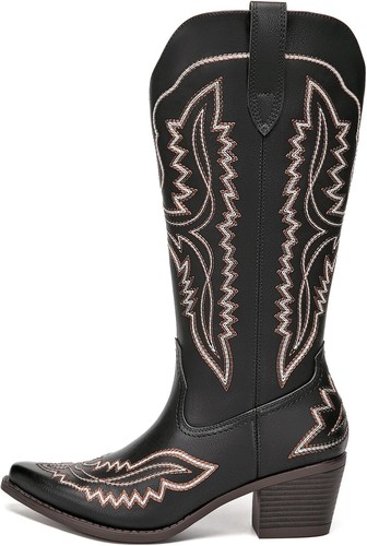 Women Pull On Western Boots Square Toe Cowboy Cowgirl Embroidery Mid Calf Boots - Picture 3 of 41