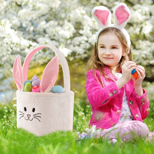 Fluffy Bunny Basket with Foldable Ears Easter Bunny Basket Eggs Bag for Kids - Picture 2 of 8