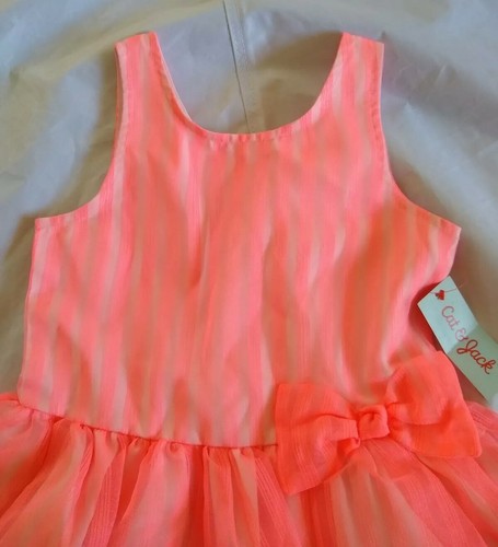 Cat & Jack Toddler Girl Neon Coral Pink Stripe Dressy A-line Dress Size XS(4/5) - Picture 3 of 12