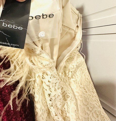 BEBE panna pizzo struzzo piuma tubino festa donna taglia 0 NUOVO abito formale - Foto 9 di 12