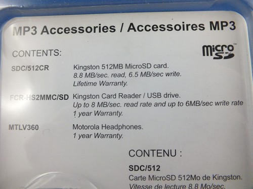 MP3 Kingston 512 MB Micro SD card Card reader USB drive Motorola Headset phone - 第 3/4 張圖片