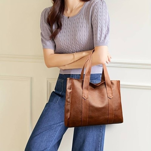 Women's Large Brown PU Leather Minimalist Classic Shoulder Tote Bag Handbag Work - Picture 8 of 8