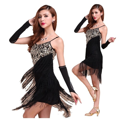 Latin Dance Dress Salsa Tango Cha cha Ballroom Dance Sequin Fringe Dress Costume - Picture 1 of 9