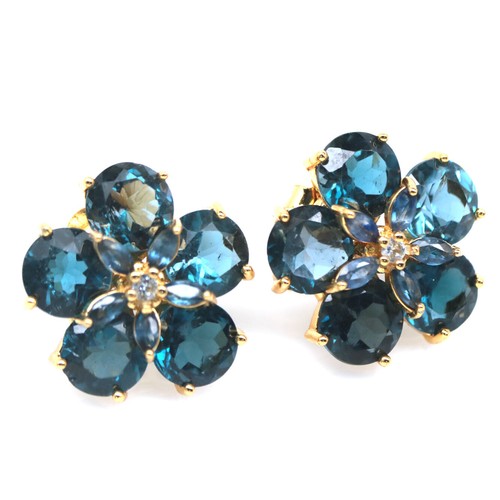 925 Sterling Silver 7 mm. London Blue Topaz & blue Sapphire Earrings - Picture 2 of 4