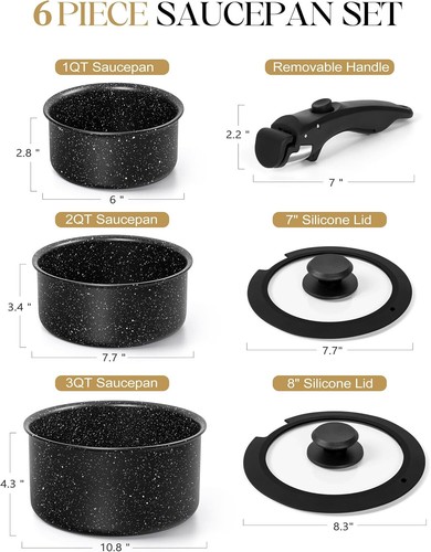 Sauce Pan Set, Nonstick 1Qt 2 Qt 3Qt Pots Removable Handles Non Toxic Saucepan - Picture 7 of 7