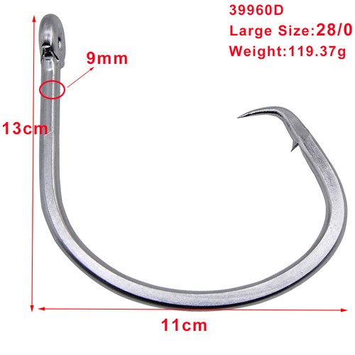 39960D Tuna Circle Hook Stainless Steel Big Game Saltwater Fish Hook 18/0-28/0 - Picture 3 of 13