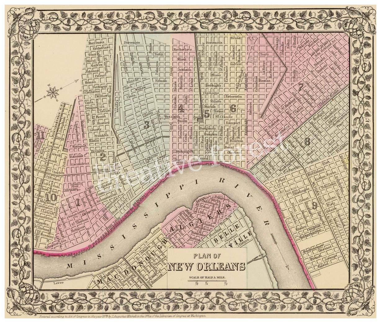 New Orleans 1880 Vintage City Map Reproduction Rolled Canvas Giclee 28x24 in. Klasyczna popularność, klasyka