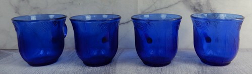 Set of 4 Vintage Cobalt Blue Fortecrisa Mexico Glass Mugs Sunflower Pattern Cups - Picture 5 of 9