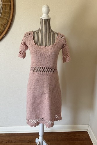 Vintage Y2K Pink Embroidered Bohemian Dress Women's M Hand Knitted - Picture 2 of 10