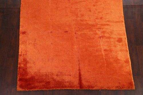 Orange Solid Shaggy Oriental Modern Area Rug Hand-knotted SILK Carpet 6x10 ft - Picture 5 of 12