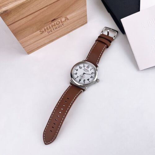 Shinola The Runwell White Dial Chrono 47mm Tan Leather Strap Quartz Men’s Watch - Picture 7 of 8