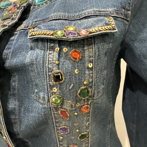 Vintage Art to Wear Denim Jacket Jewels Sequins Size Large Berek Stretch Retro - Picture 6 of 18