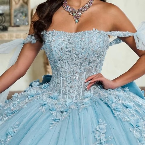Aqua Blue Quinceanera Dresses Off Shoulder Lace 3D Flowers Ball Gowns Sweet 16 - Picture 3 of 10