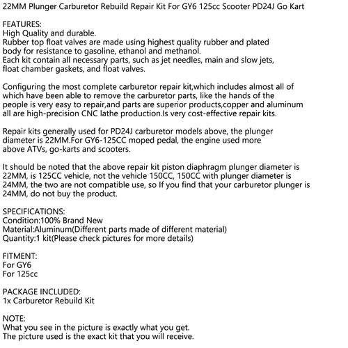 CARBURETOR CARB REPAIR REBUILD KIT FOR GY6 125CC Aprilia PD24J BMW ATV Go Kart - Picture 10 of 11