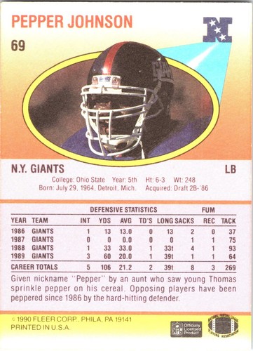 1990 Fleer #69 Pepper Johnson - Picture 2 of 2