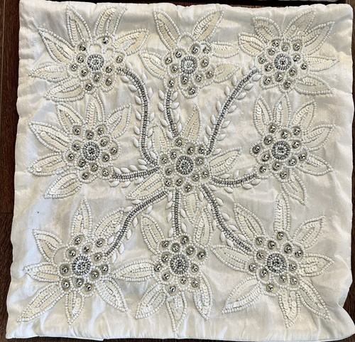 Beaded Floral Ivory Throw Pillow Covers Set of 4 White Silver Glam Romantic - Picture 3 of 9
