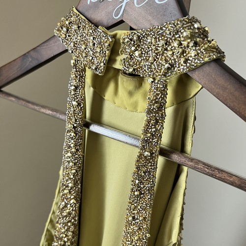Abito paillettes oro Cache con perline collo alto impreziosito schiena aperta taglia 4 - Foto 4 di 8