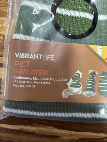 Vibrant Life Pullover Knit Pet Sweater Green Striped Size XS NEW! Dog Cat 5-10lb - Picture 2 of 4