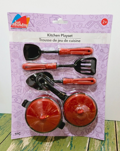 Plastic 7 PCS Kitchen Pots & Pans Utensils Play Pretend Set Red & Black