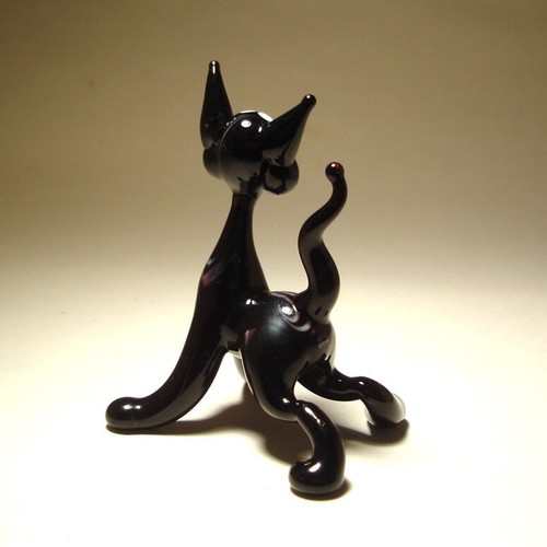 Blown Glass Art Figurine Animal Small Black Kitten CAT with White Face & Tail Up - Picture 4 of 6