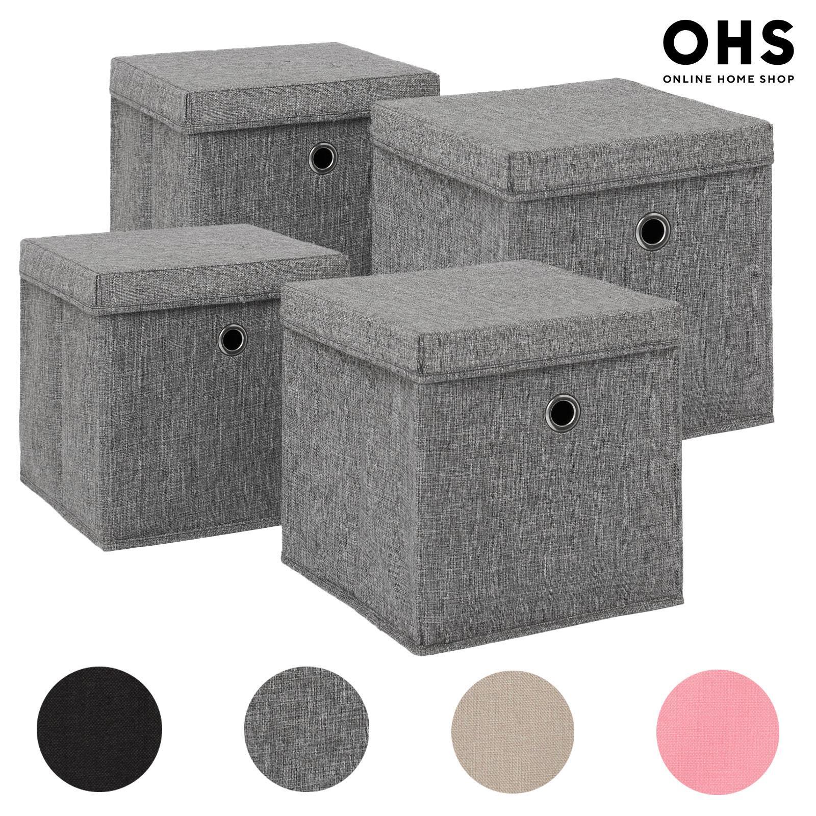 OHS Pack of Fabric Storage Boxes with Lid Foldable Tidy Square Cube