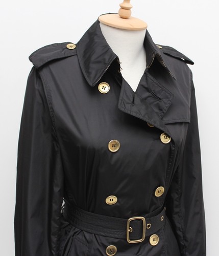 Women's BURBERRY London Nylon Black Trench Coat Gold Button RARE Size US8 ~S/M - Picture 5 of 12