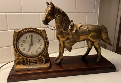 Vintage Sessions All Bronze Horse Electric Clock Cowboy Western Style WORKS