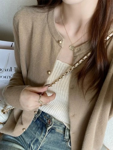 Women's Solid Color Knit Cardigan – Korean Style, Long Sleeve, Round Neck - Picture 3 of 21